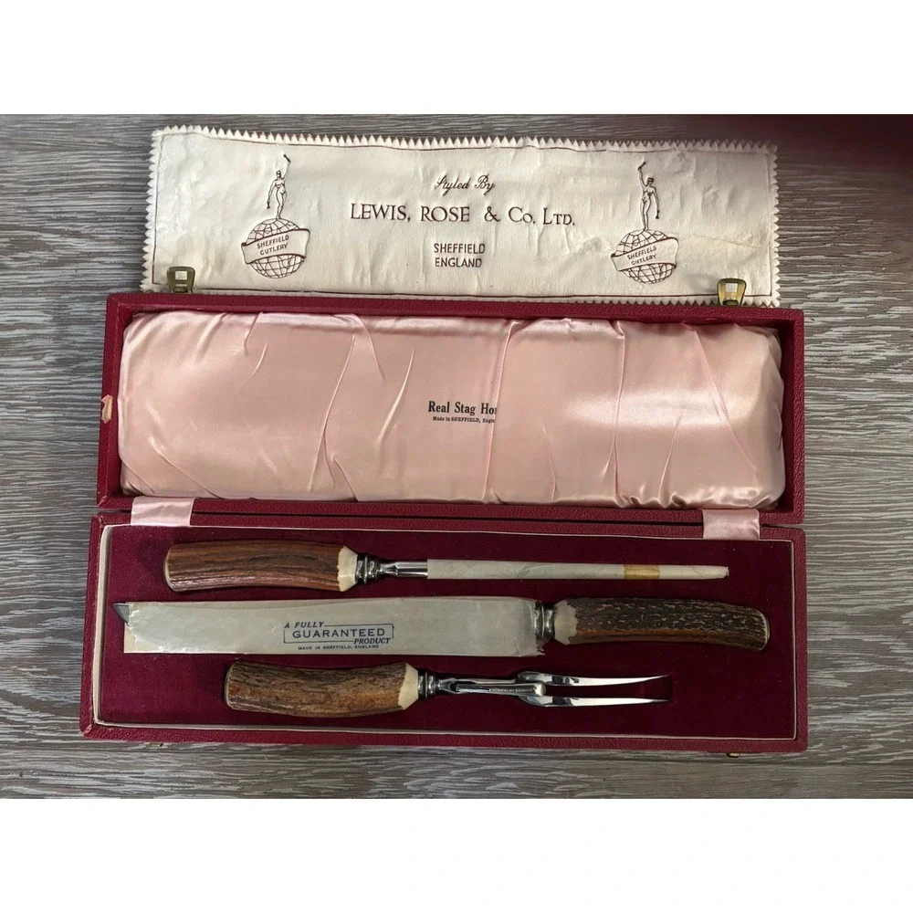 Lewis & Rose Co. Carved Stag Horn Cutlery Carving Set Sheffield England